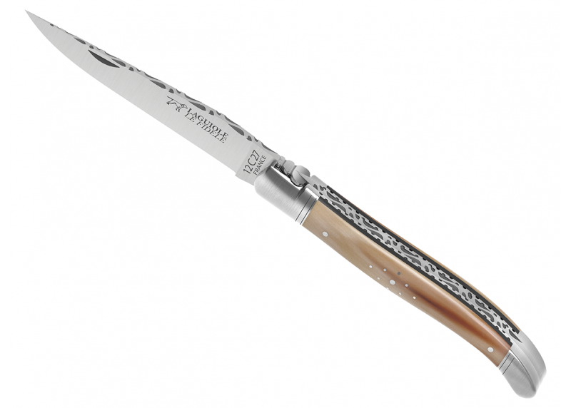 Prestige edition Laguiole knife with blond horn tip handle and stainless steel bolsters image 15