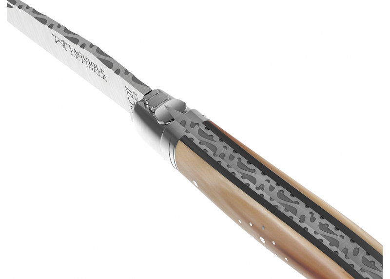 Prestige edition Laguiole knife with blond horn tip handle and stainless steel bolsters image 16