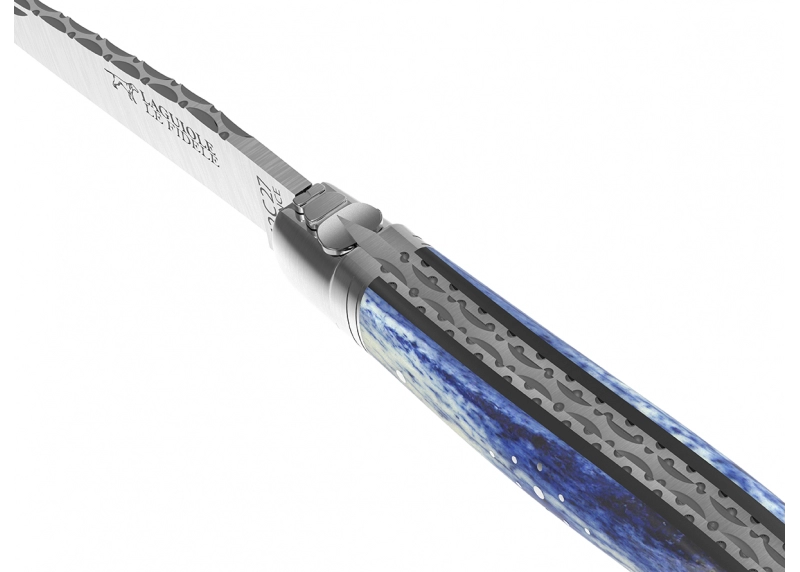 Prestige edition Laguiole knife with giraffe bone blue stained handle and stainless steel bolsters image 2