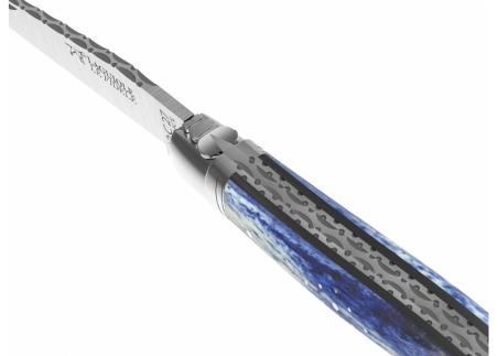 Prestige edition Laguiole knife with giraffe bone blue stained handle and stainless steel bolsters image 2