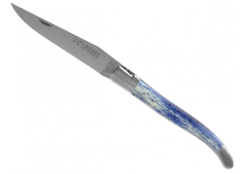 Prestige edition Laguiole knife with giraffe bone blue stained handle and stainless steel bolsters image 3