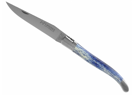 Prestige edition Laguiole knife with giraffe bone blue stained handle and stainless steel bolsters image 3