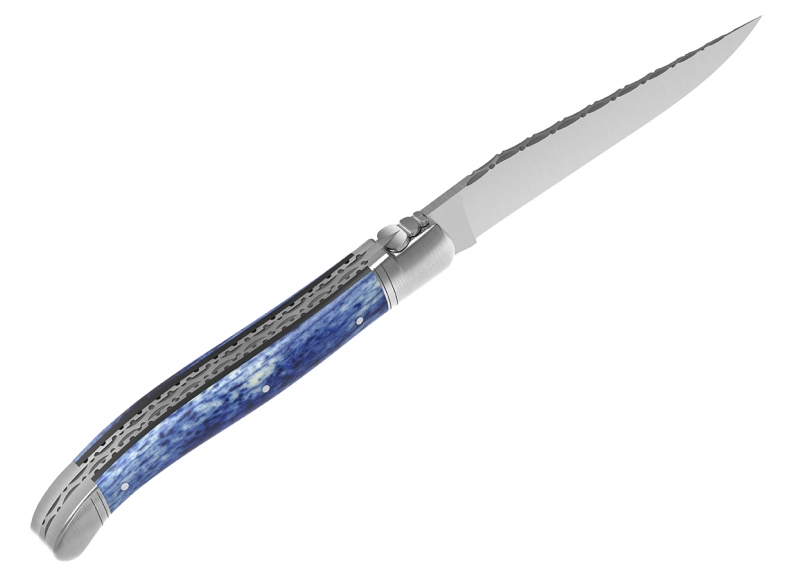 Prestige edition Laguiole knife with giraffe bone blue stained handle and stainless steel bolsters image 4