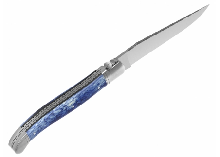 Prestige edition Laguiole knife with giraffe bone blue stained handle and stainless steel bolsters image 4