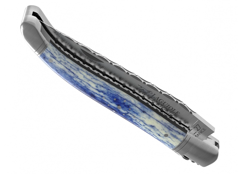 Prestige edition Laguiole knife with giraffe bone blue stained handle and stainless steel bolsters image 5