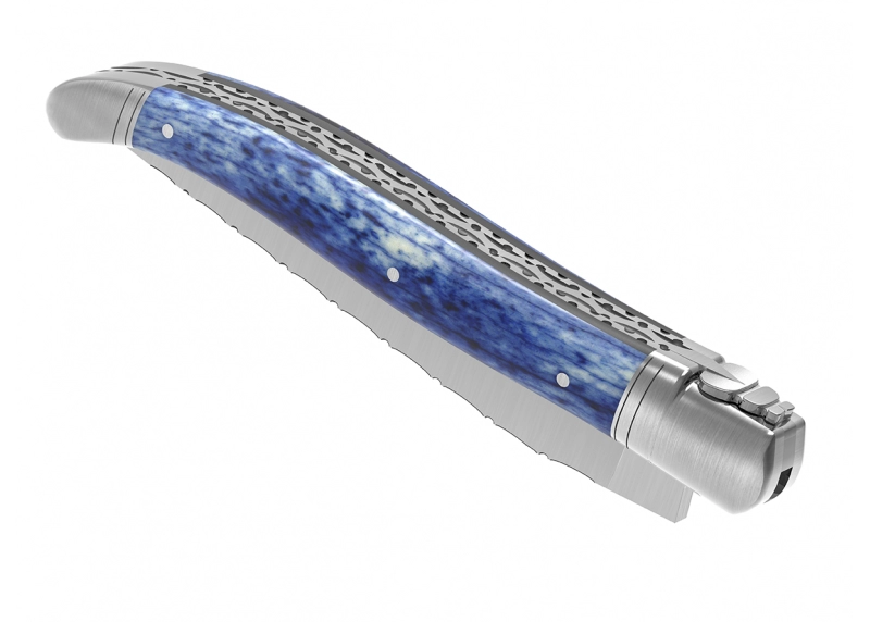 Prestige edition Laguiole knife with giraffe bone blue stained handle and stainless steel bolsters image 7