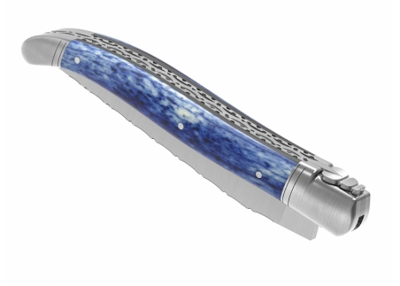 Prestige edition Laguiole knife with giraffe bone blue stained handle and stainless steel bolsters image 7