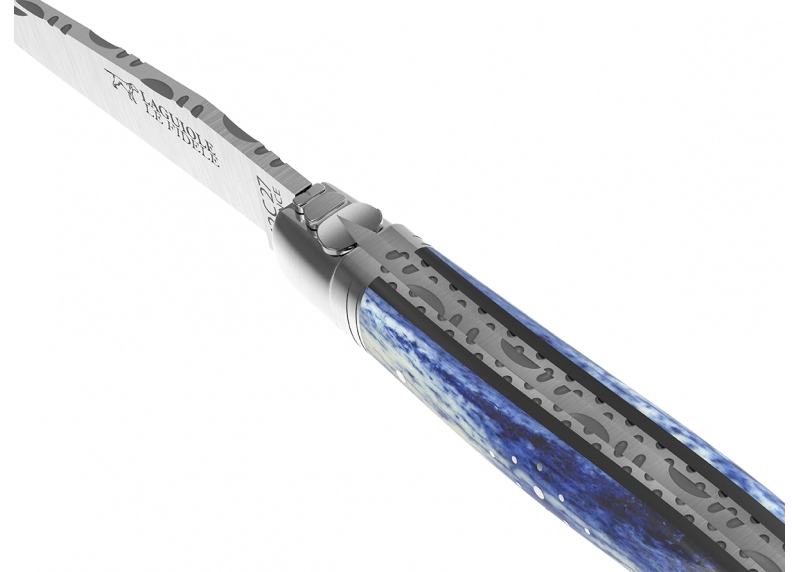 Prestige edition Laguiole knife with giraffe bone blue stained handle and stainless steel bolsters image 9