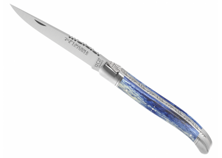 Couteau Laguiole avec un manche en os de girafe teinte bleu et 2 mitres inox image 1