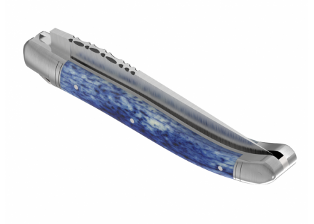 Couteau Laguiole avec un manche en os de girafe teinte bleu et 2 mitres inox image 5