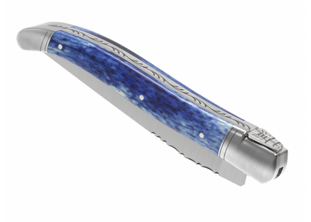Couteau Laguiole avec un manche en os de girafe teinte bleu et 2 mitres inox image 6