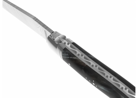 Couteau Laguiole collection damas avec un manche en corne brune et 2 mitres en acier inoxydable image 18