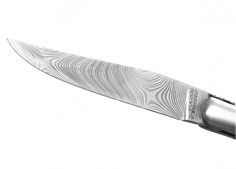 Laguiole knife Damascus edition with juniper wood handle and 2 stainless steel bolsters image 2