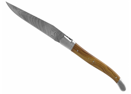 Laguiole knife Damascus edition with olive wood handle and 2 stainless steel bolsters image 4