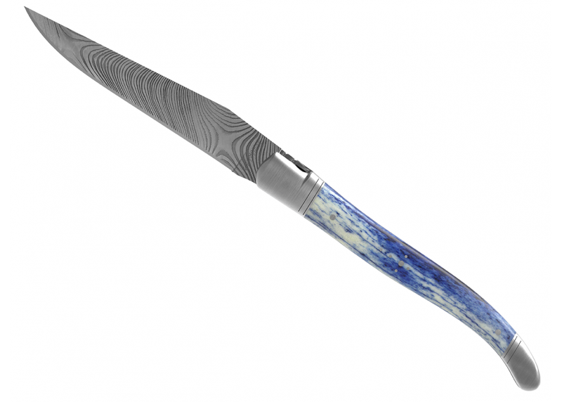 Laguiole knife Damascus edition with giraffe bone blue stained handle and 2 stainless steel bolsters image 4