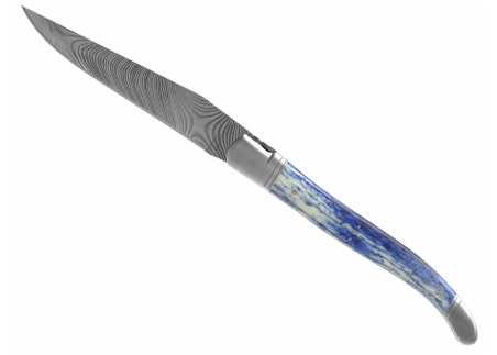 Laguiole knife Damascus edition with giraffe bone blue stained handle and 2 stainless steel bolsters image 4