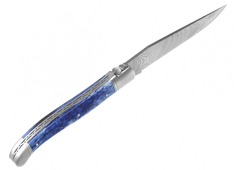 Laguiole knife Damascus edition with giraffe bone blue stained handle and 2 stainless steel bolsters image 5