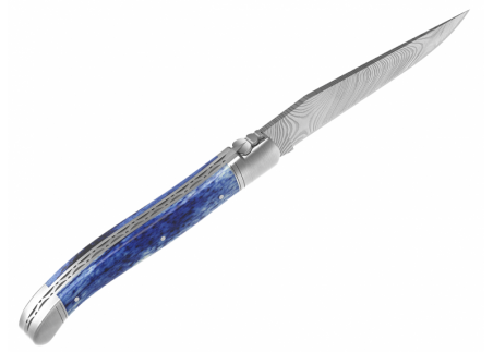 Laguiole knife Damascus edition with giraffe bone blue stained handle and 2 stainless steel bolsters image 5