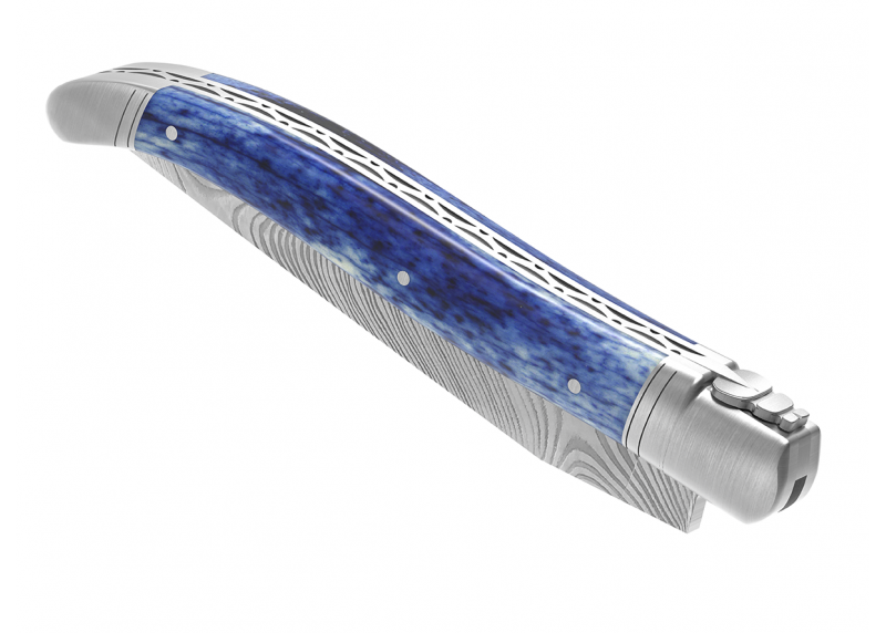 Laguiole knife Damascus edition with giraffe bone blue stained handle and 2 stainless steel bolsters image 8