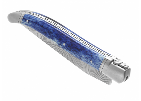 Laguiole knife Damascus edition with giraffe bone blue stained handle and 2 stainless steel bolsters image 8