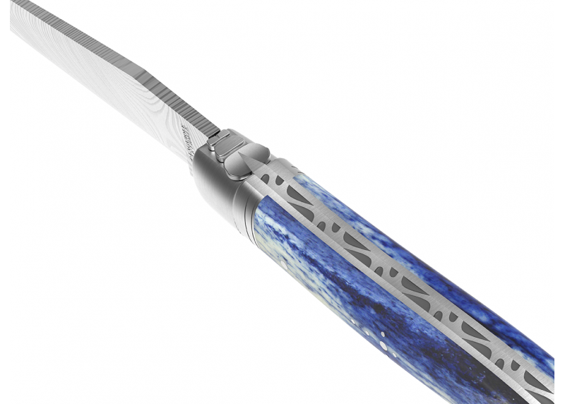 Laguiole knife Damascus edition with giraffe bone blue stained handle and 2 stainless steel bolsters image 19