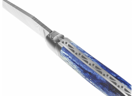 Laguiole knife Damascus edition with giraffe bone blue stained handle and 2 stainless steel bolsters image 19