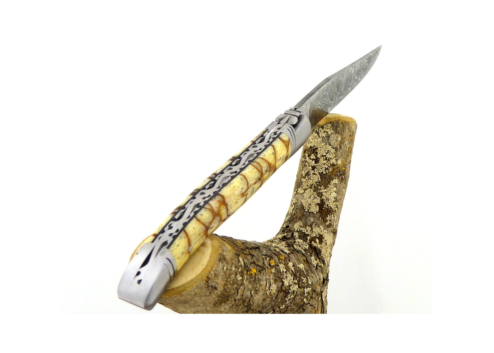 Forged and Guilloched/Chiseled Laguiole, Damascus Steel Blade, Handle Made Off Fossilised Tiger Coral image 1