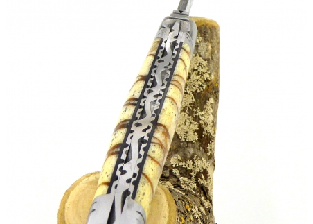 Forged and Guilloched/Chiseled Laguiole, Damascus Steel Blade, Handle Made Off Fossilised Tiger Coral image 2