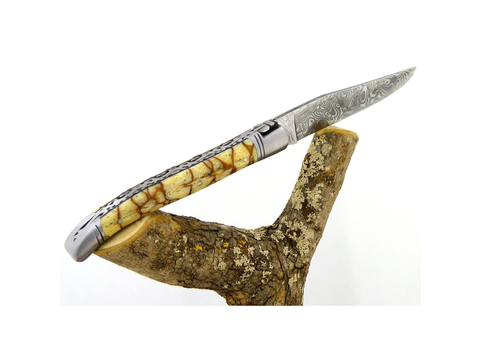 Forged and Guilloched/Chiseled Laguiole, Damascus Steel Blade, Handle Made Off Fossilised Tiger Coral image 5