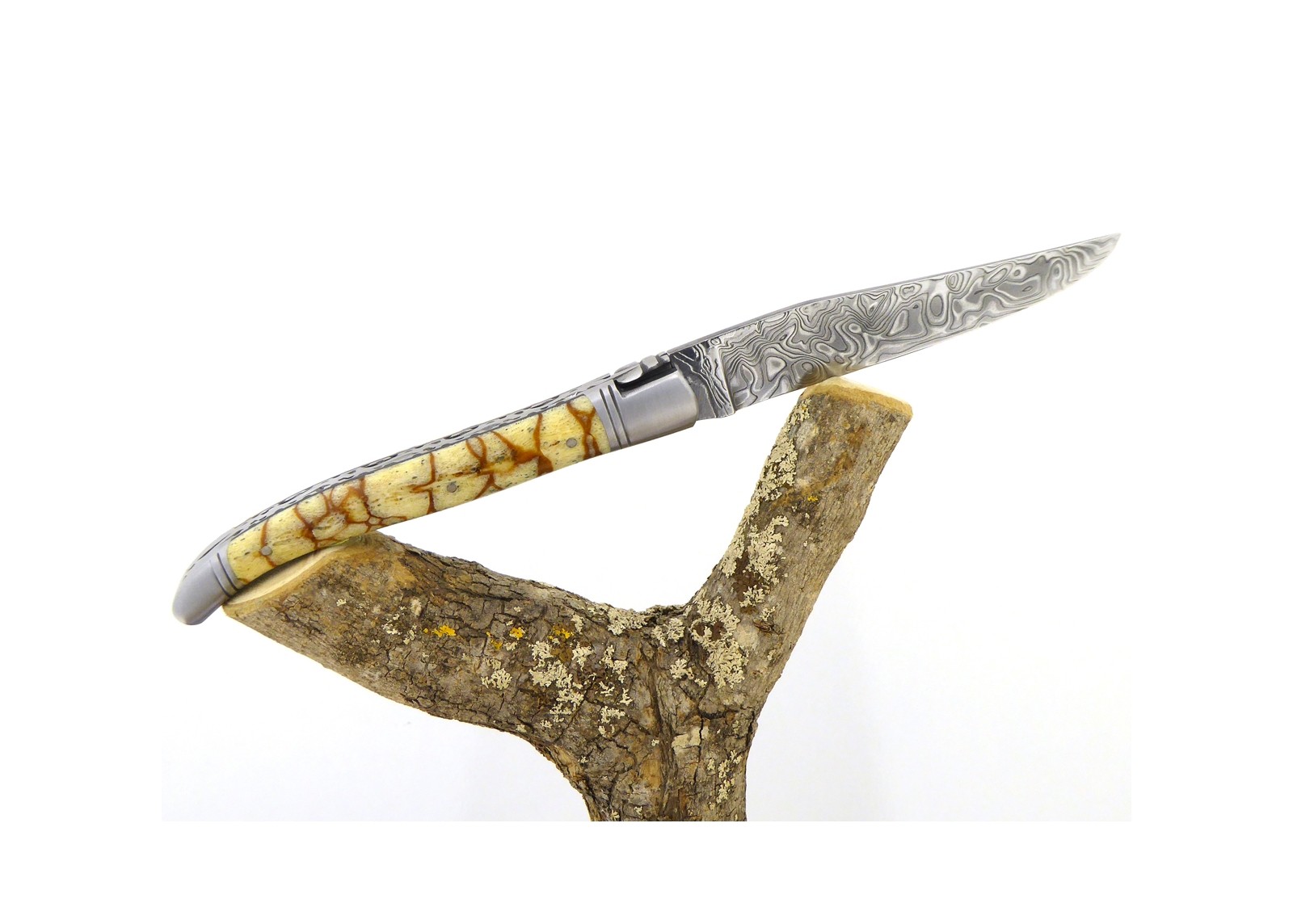 Forged and Guilloched/Chiseled Laguiole, Damascus Steel Blade, Handle Made Off Fossilised Tiger Coral image 7