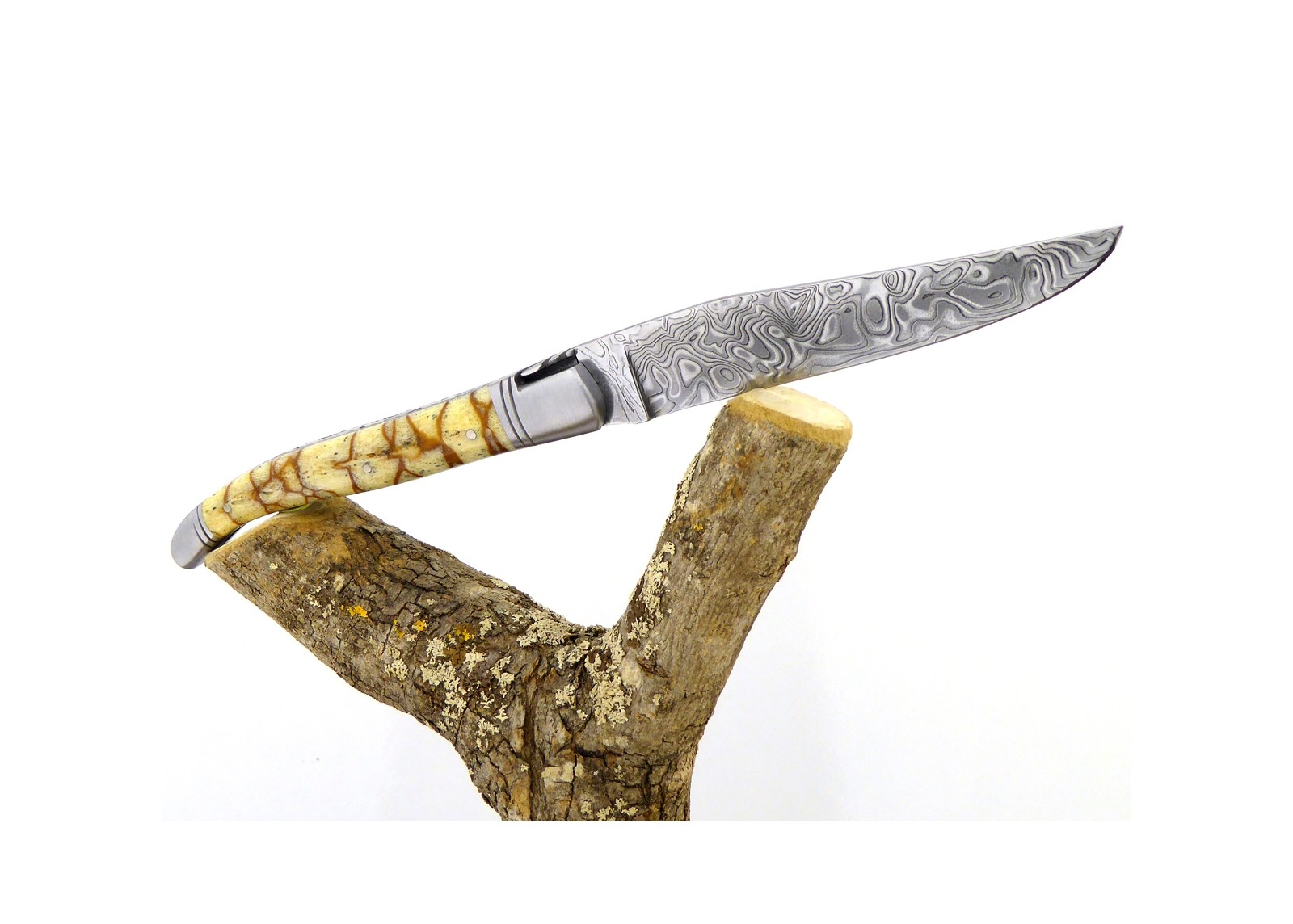 Forged and Guilloched/Chiseled Laguiole, Damascus Steel Blade, Handle Made Off Fossilised Tiger Coral image 8