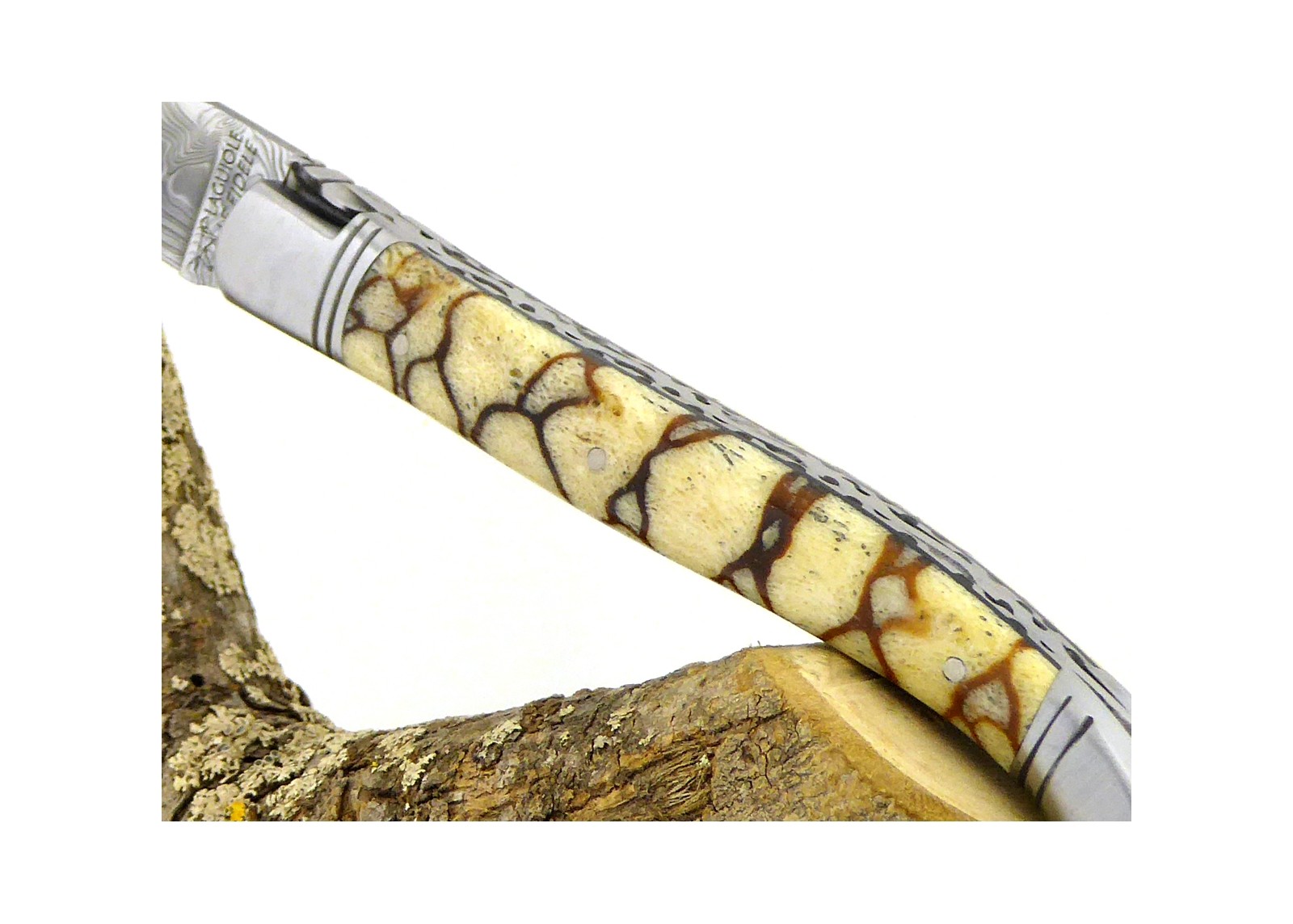 Forged and Guilloched/Chiseled Laguiole, Damascus Steel Blade, Handle Made Off Fossilised Tiger Coral image 12