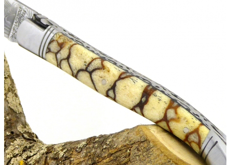 Forged and Guilloched/Chiseled Laguiole, Damascus Steel Blade, Handle Made Off Fossilised Tiger Coral image 12