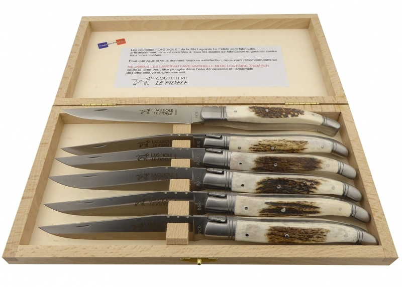 Set of 6 laguiole steak knives with Deer Antlers handle and stainless steel bolsters image 1