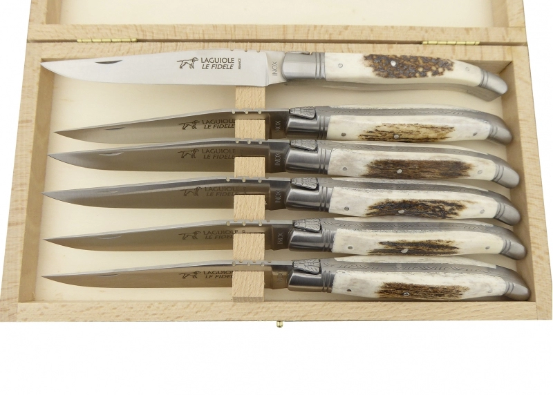 Set of 6 laguiole steak knives with Deer Antlers handle and stainless steel bolsters image 2