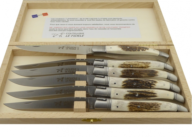 Set of 6 laguiole steak knives with Deer Antlers handle and stainless steel bolsters image 3