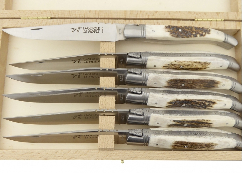 Set of 6 laguiole steak knives with Deer Antlers handle and stainless steel bolsters image 5