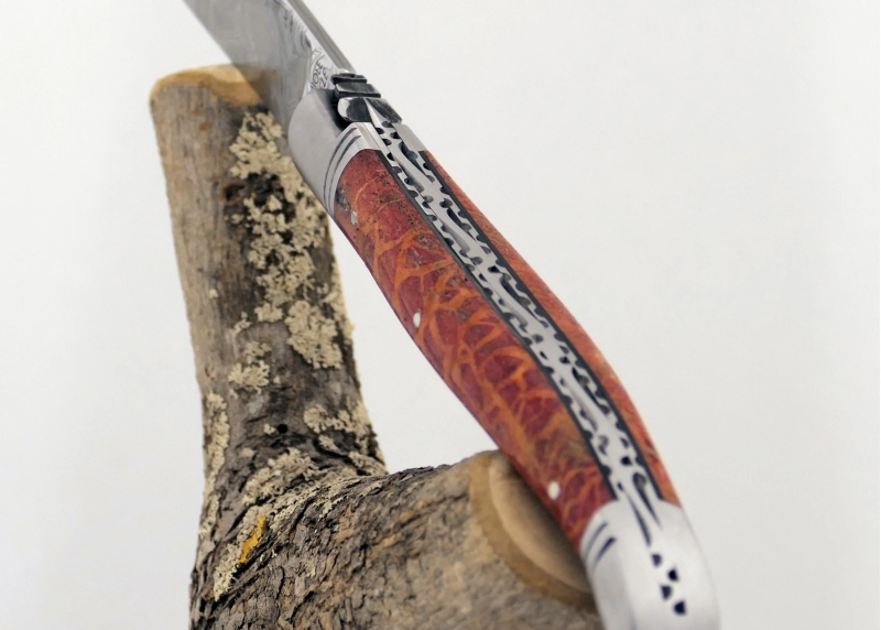 Forged and Guilloched/Chiseled Laguiole, Damascus Steel Blade, Handle Made Off Red Coral image 11