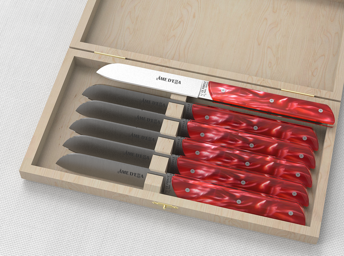 Laguiole steak knives, red acrylic handles, dishwasher safe Length