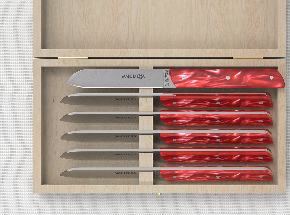 Laguiole steak knives, red acrylic handles, dishwasher safe Length