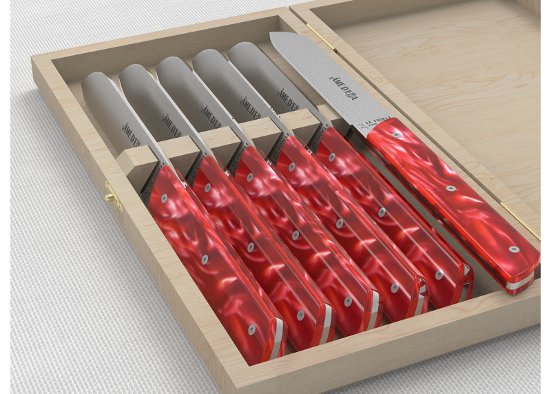 Set of 6 laguiole steak knives with Red Madreperlato handle and stainless steel blade image 4