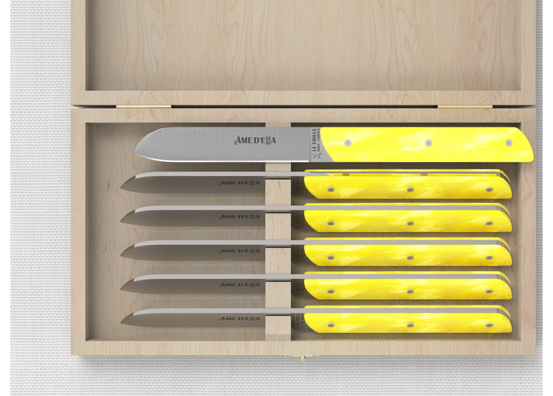 Service de 6 couteaux de table avec un manche en Madreperlato Jaune et lame en acier inoxydable image 2