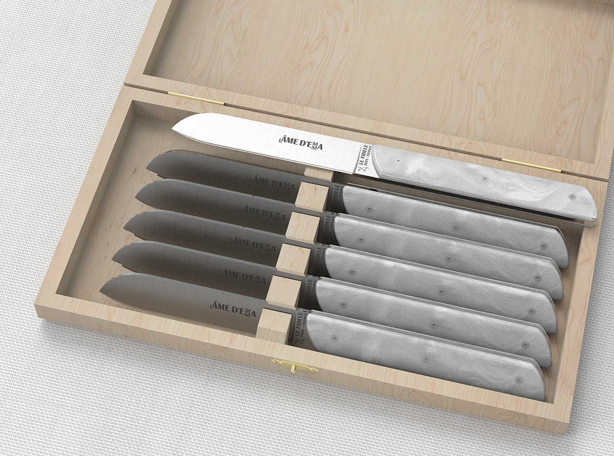 Laguiole steak knives, white acrylic handles, dishwasher safe