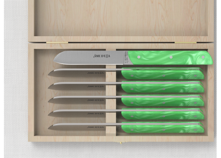 Set of 6 laguiole steak knives with Light Green Madreperlato handle and stainless steel blade image 3