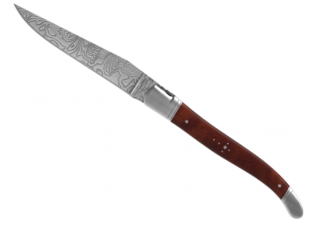 Laguiole knife Damascus edition with amboyna root wood handle and 2 stainless steel bolsters image 3