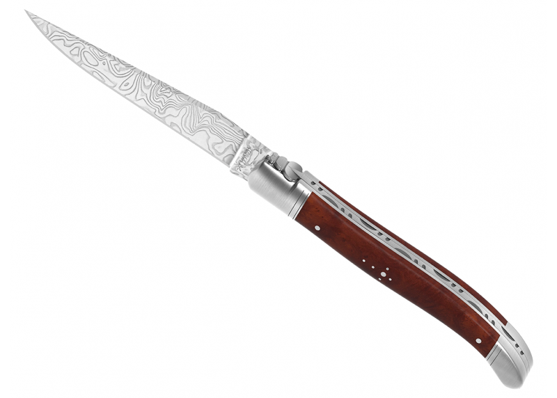 Laguiole knife Damascus edition with amboyna root wood handle and 2 stainless steel bolsters image 8