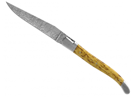 Laguiole knife Damascus edition with birch wood handle and 2 stainless steel bolsters image 3