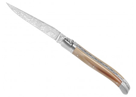 Laguiole knife Damascus edition with blond horn tip handle and 2 stainless steel bolsters image 1