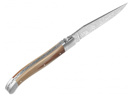 Laguiole knife Damascus edition with blond horn tip handle and 2 stainless steel bolsters image 4