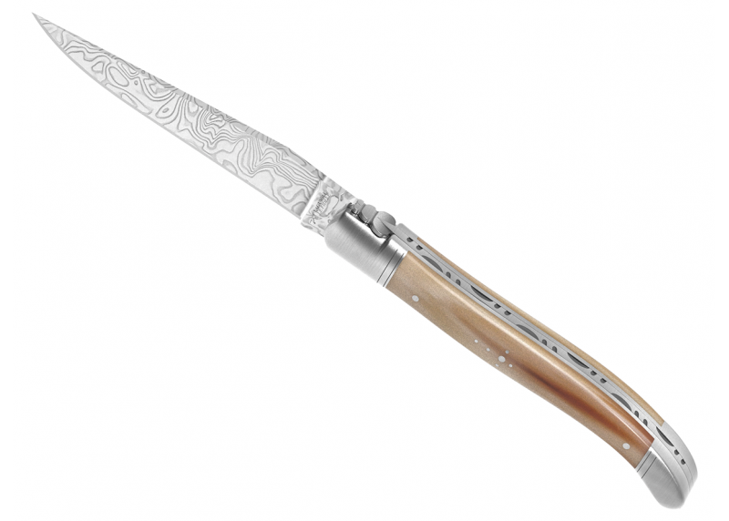 Laguiole knife Damascus edition with blond horn tip handle and 2 stainless steel bolsters image 8